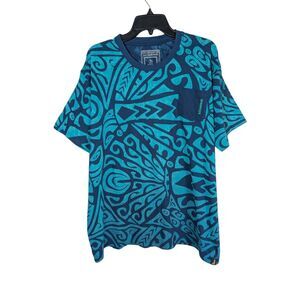 Hinano Tahiti tribal print turquoise & blue cotton t-shirt mens XL
